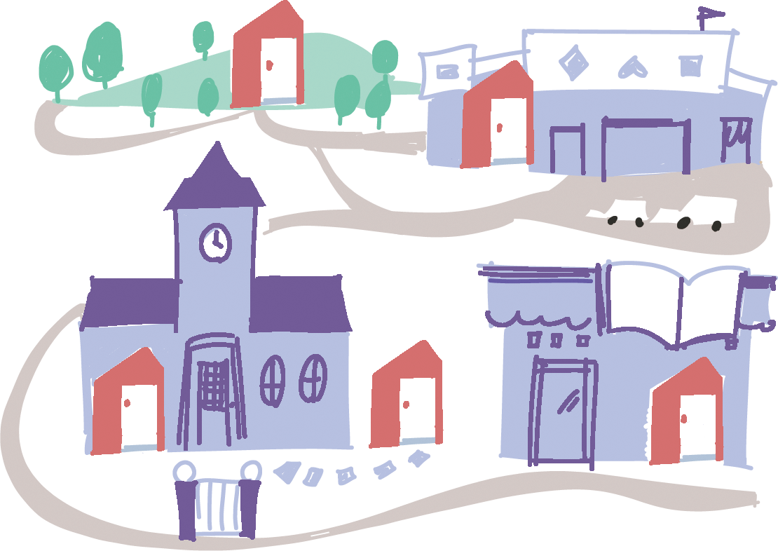 地域の中に学びの拠点が広がっていく様子のイラスト